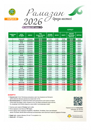Рамазан айы кестесі - 2026 Қорқыт ауылы